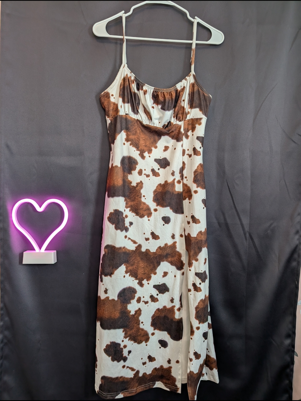 SHEIN Brown and White Cow-Print Maxi Thigh Split Western Stampede  Slip Dress